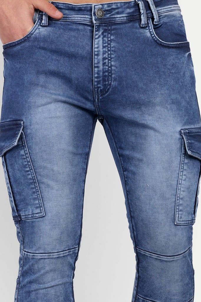 Men's Blue Slim Fit Solid Cargo Jeans view 4