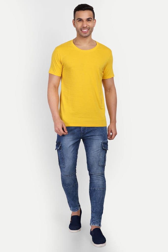 Men's Blue Slim Fit Solid Cargo Jeans view 5