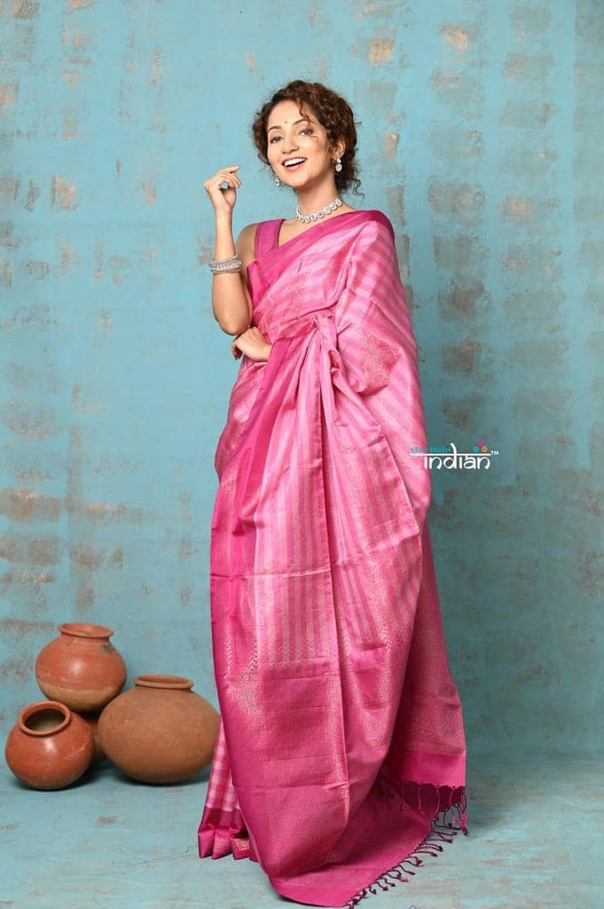 Anokhi ~ Handloom Pure Silk Saree Designer Saree Floral Self Design all over ~ Flamingo Pink (Limited Edition) view 2