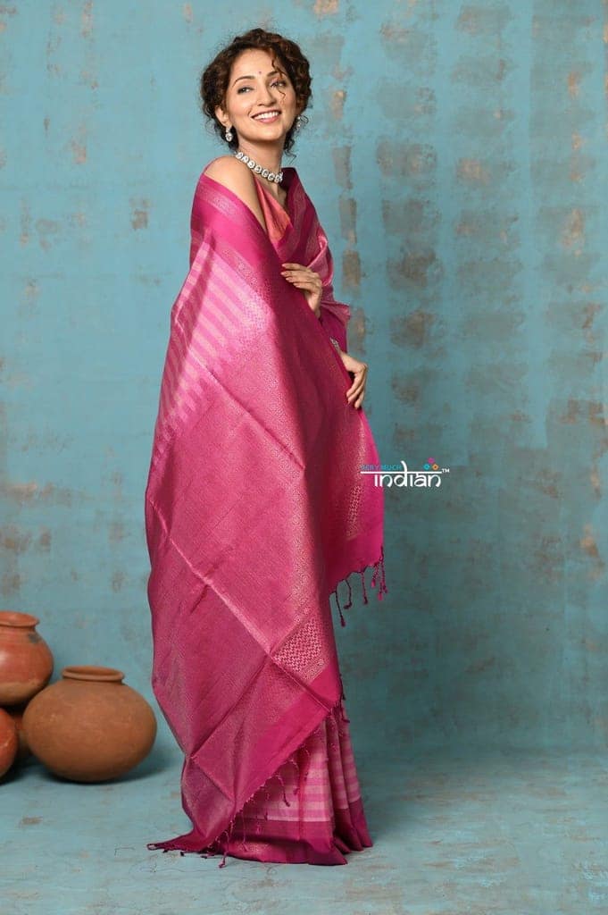 Anokhi ~ Handloom Pure Silk Saree Designer Saree Floral Self Design all over ~ Flamingo Pink (Limited Edition) view 3