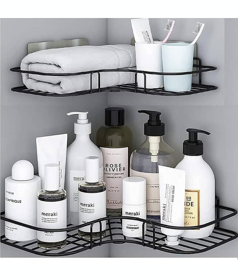 KRAMOX PACK OF 2 Bathroom Organiser Without Drill Corner | Shelf Adhesive Stand for Corner Rack for Bathroom | Shampoo Holder for Accessories-Multipurpose Shelf