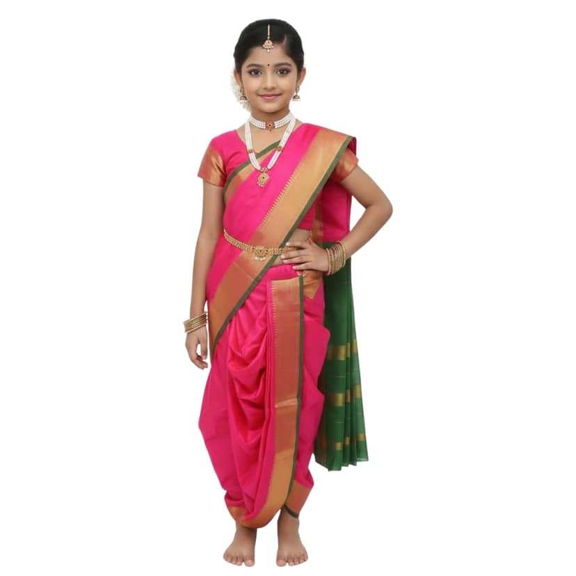 Mom and Me Peshwai Nauwari Saree for Kids (1–10 Years) Ready to Wear Maharashtrian Traditional Dress | Belgaon Silk with Cotton Lining | Stitched Blouse Included (Pink, 5-6 Years)