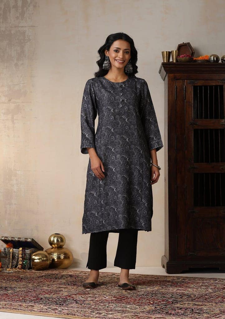 HOC Crafts Pashmina Printed Women's Long Kurta - Grey view 3