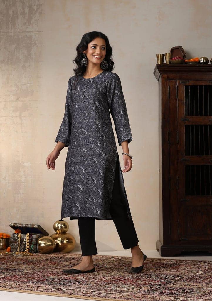 HOC Crafts Pashmina Printed Women's Long Kurta - Grey view 4