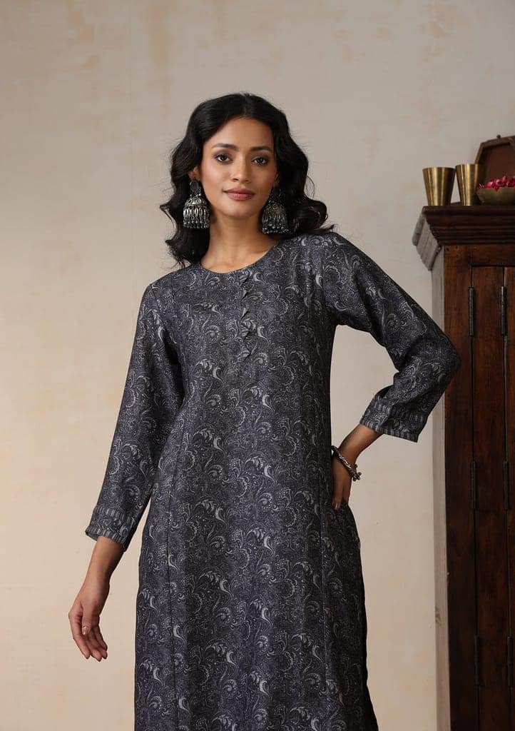 HOC Crafts Pashmina Printed Women's Long Kurta - Grey view 5