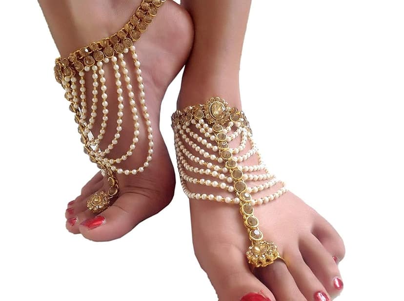 Nakoda Art Jewellery Traditional Kundan Pearls Stone Fancy Stylish antiq Gold Plated Payal/Anklet/Pajeb/Payjeb/Painjan/Ghungroo/Anklet Bracelet/Pattilu for Women and Girls