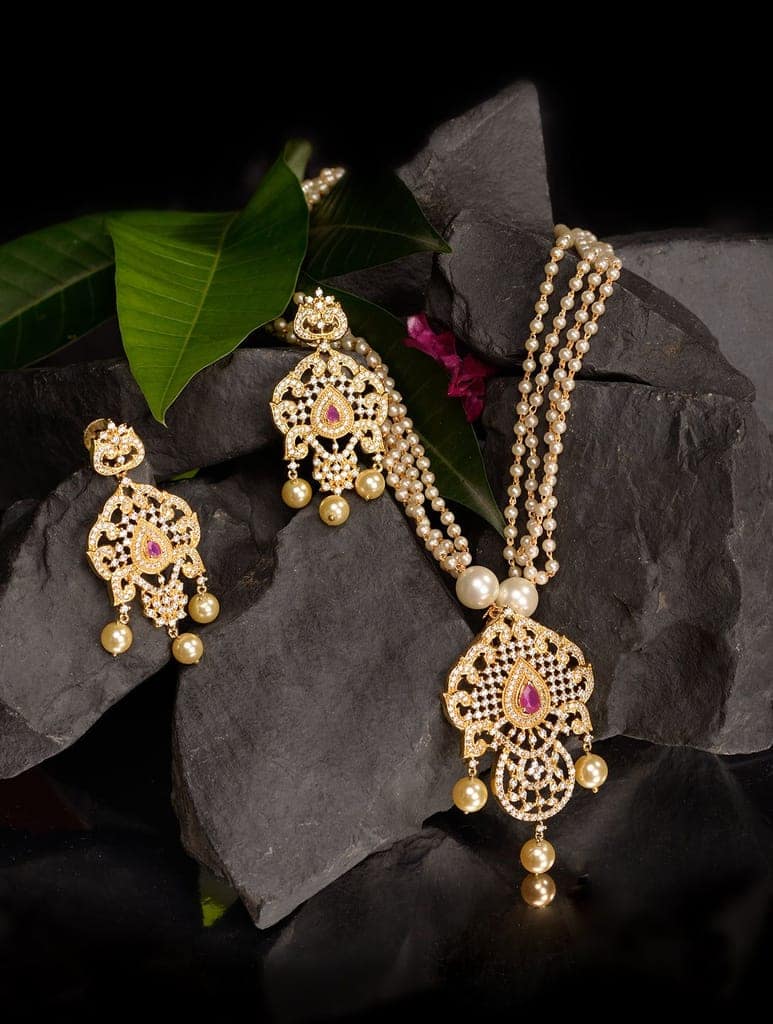 Gold Plated Red AD and Pearl Studded Traditional PendantNecklace White Pearl Mala and Earrings view 2