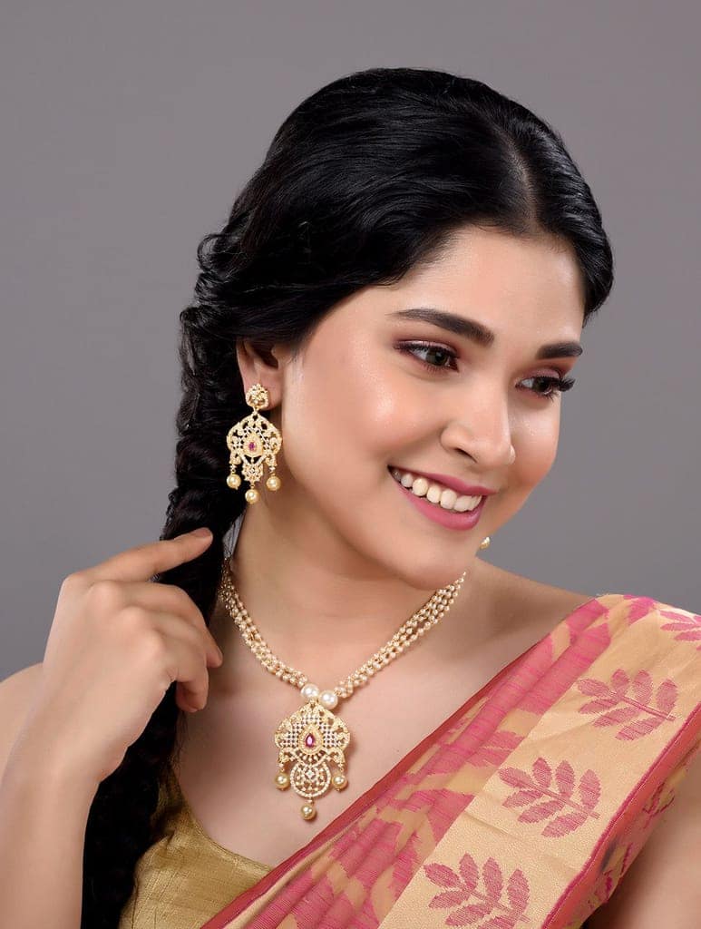 Gold Plated Red AD and Pearl Studded Traditional PendantNecklace White Pearl Mala and Earrings view 3
