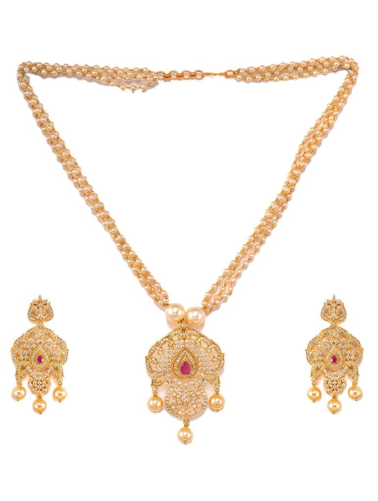 Gold Plated Red AD and Pearl Studded Traditional PendantNecklace White Pearl Mala and Earrings view 4