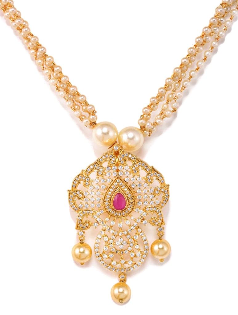 Gold Plated Red AD and Pearl Studded Traditional PendantNecklace White Pearl Mala and Earrings view 5