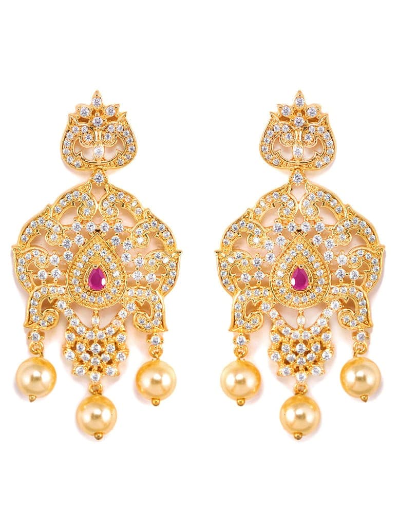 Gold Plated Red AD and Pearl Studded Traditional PendantNecklace White Pearl Mala and Earrings view 6