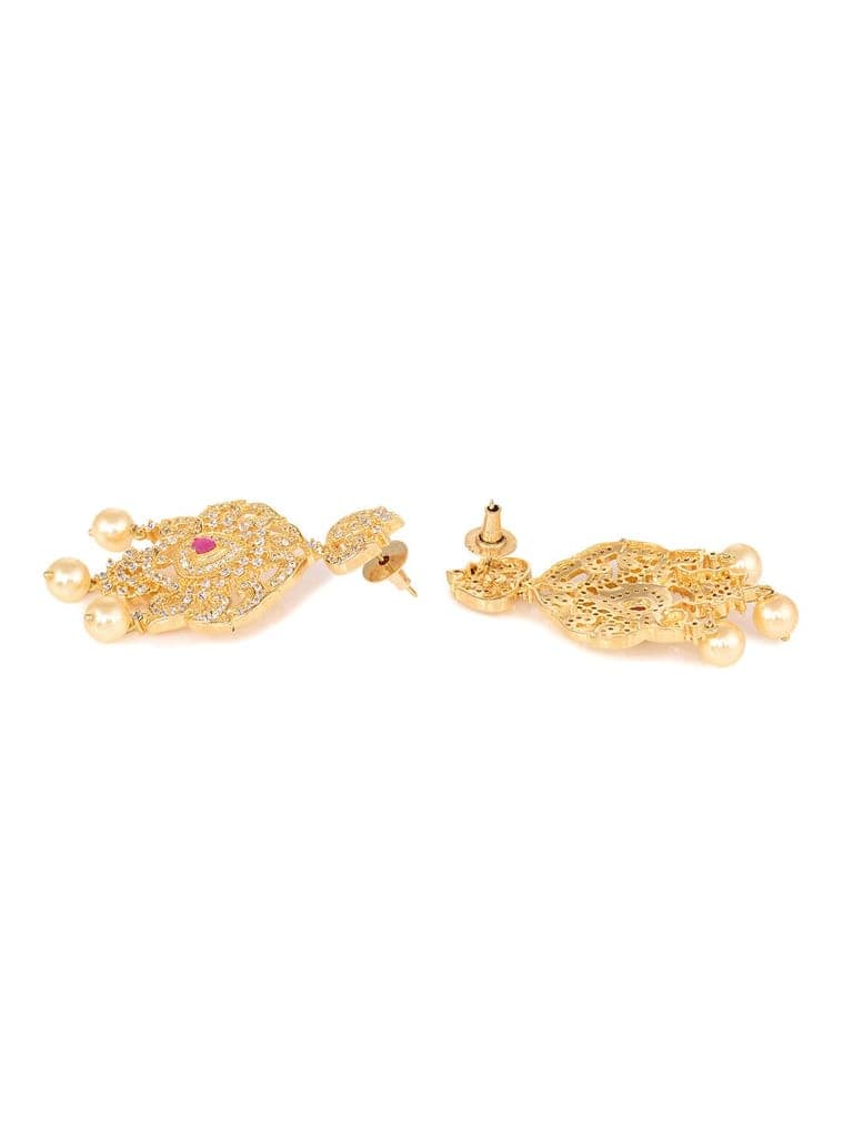 Gold Plated Red AD and Pearl Studded Traditional PendantNecklace White Pearl Mala and Earrings view 7