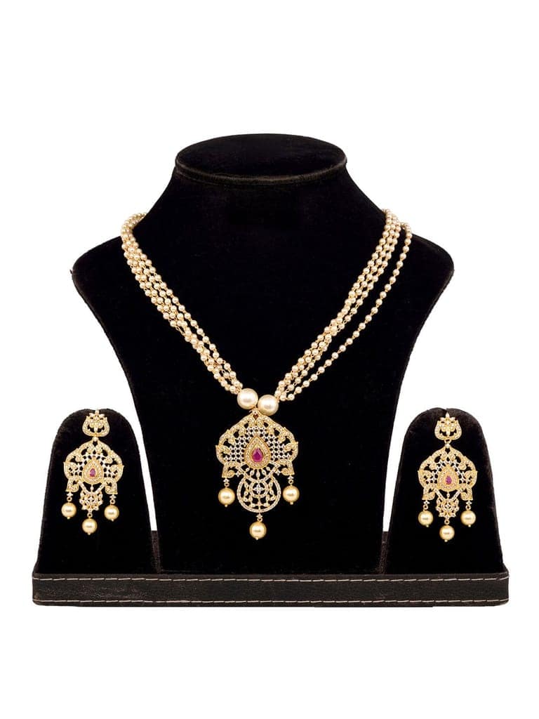 Gold Plated Red AD and Pearl Studded Traditional PendantNecklace White Pearl Mala and Earrings view 8