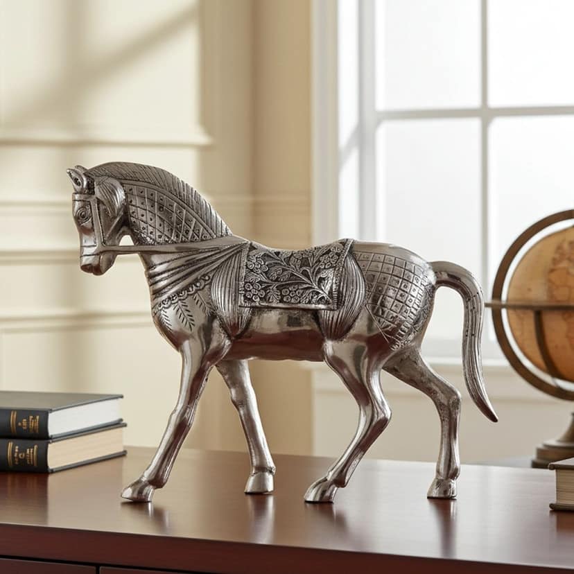 Silver Finish Aluminium Horse Showpiece For Elegant Home Decor, Height : 10.2 Inch (ASMAS212 S)