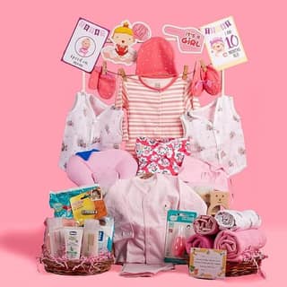 The Baby First Box Newborn Baby Essential Kit-25 Items (Summer Kit For 0-3 Months) For Baby Girls|Newborn Hamper Gift Set|Baby Gift Kit|Gift Set For Baby Shower|Baby Gifts,Multicolor