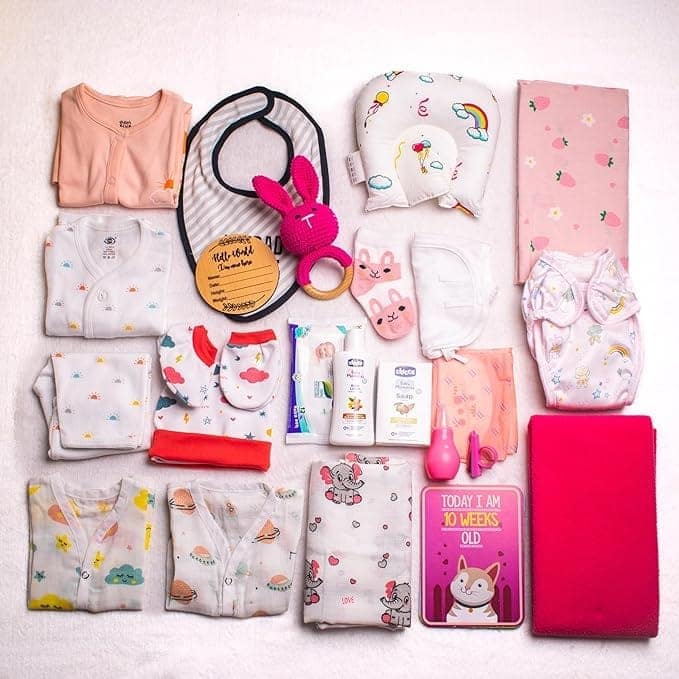 The Baby First Box Newborn Baby Essential Kit-25 Items (Summer Kit For 0-3 Months) For Baby Girls|Newborn Hamper Gift Set|Baby Gift Kit|Gift Set For Baby Shower|Baby Gifts,Multicolor view 2