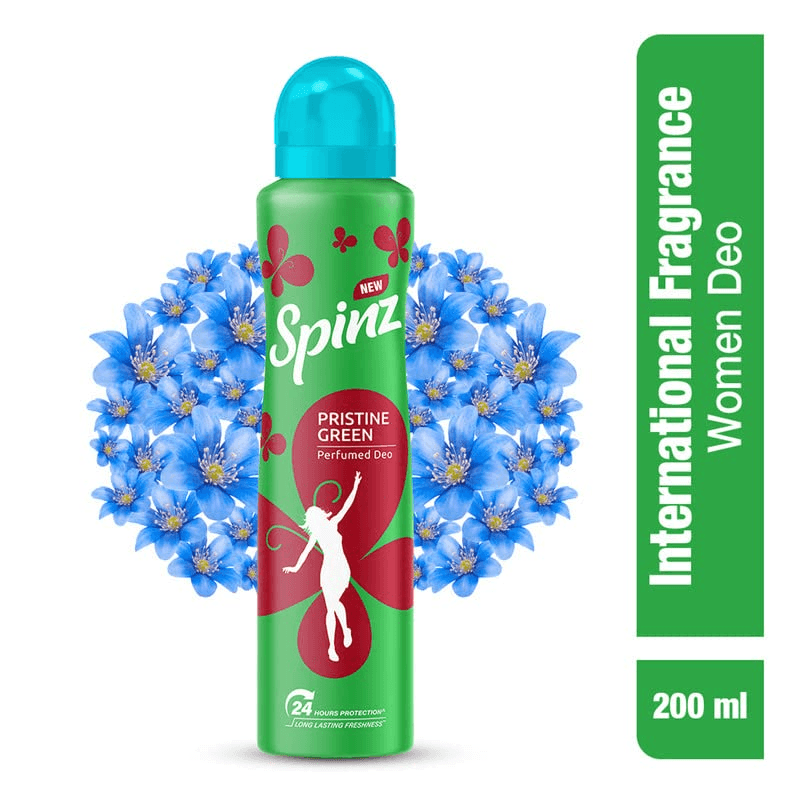 Spinz Pristine Green Perfumed Deo for Women International Fragrances Long Lasting Freshness, 24 Hours Protection from Odour causing Bacteria - 200 ml