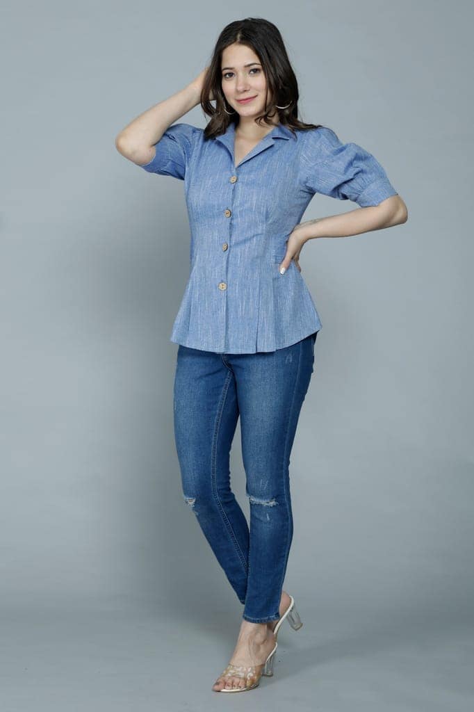 Women's Casual Solid Blue Shirt with Puff Sleeves view 3