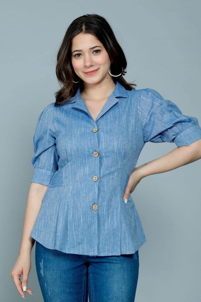 Women's Casual Solid Blue Shirt with Puff Sleeves view 4