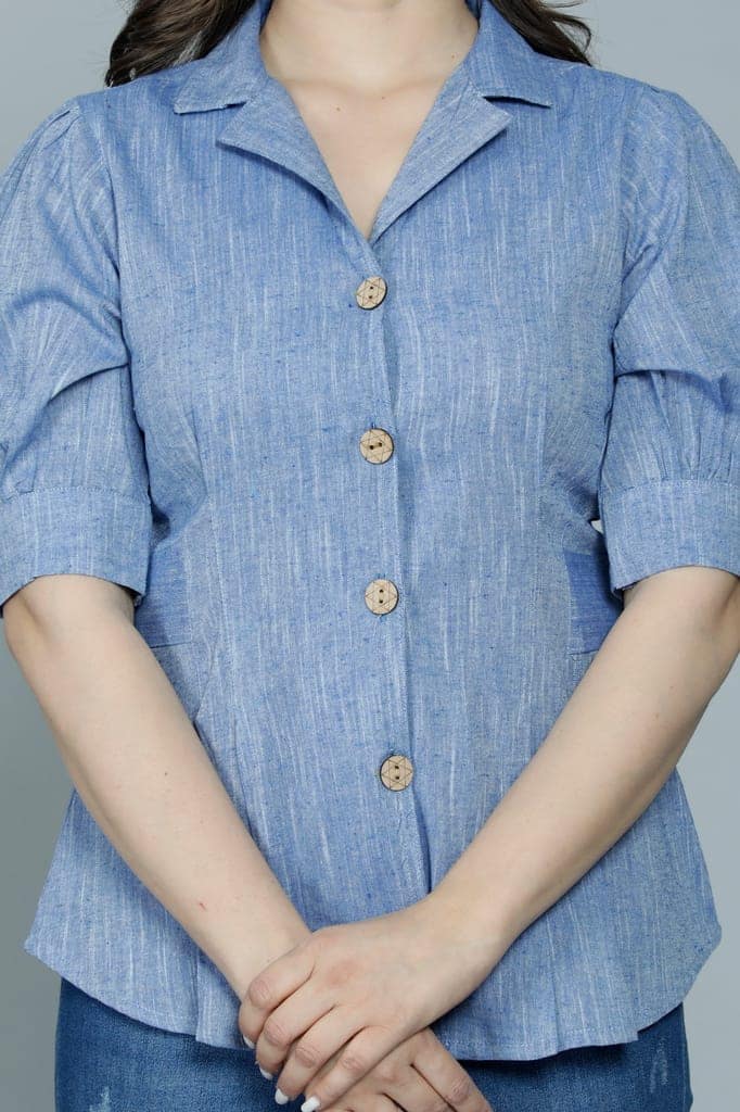 Women's Casual Solid Blue Shirt with Puff Sleeves view 8
