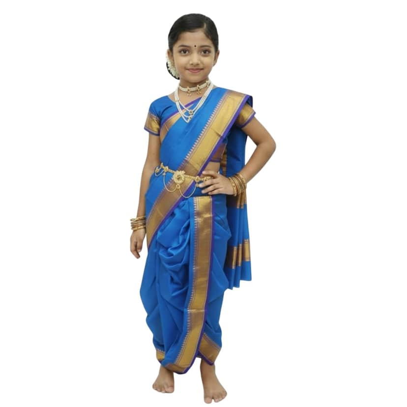 Mom and Me Peshwai Nauwari Saree for Kids (1–10 Years) Ready to Wear Maharashtrian Traditional Dress | Belgaon Silk with Cotton Lining | Stitched Blouse Included (Sky Blue, 3-4 Years)