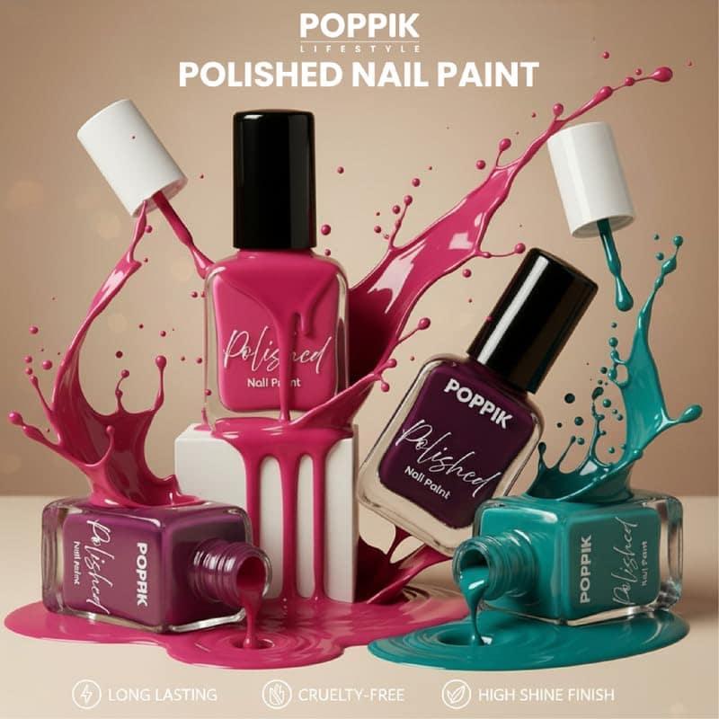 POPPIK Polished Nail Paint 8 ml, Quick-Dry, Long-Lasting & Chip-Resistant Nail Colour with Intense Pigment, Waterproof & Scratch-Proof, Satin Finish, Non-Toxic & Skin-Friendly view 3