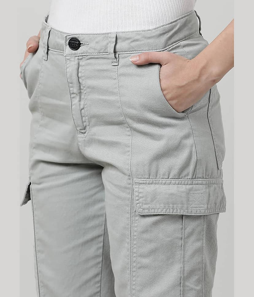 Women Olive Green Regular Fit Paneled Solid Cargo Trousers view 2