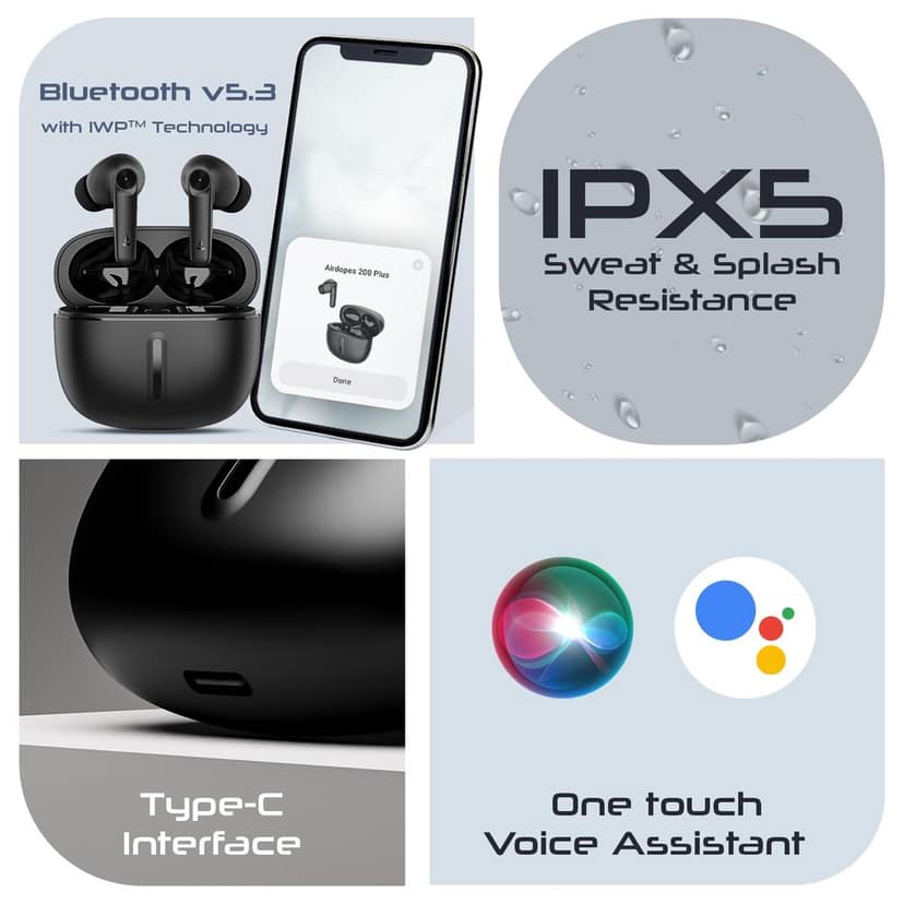 Boat Airdopes 200 Plus Truly Wireless in Ear Ear Buds w/ 100 Hours Playback, Quad Mics ENx Tech, 13mm Drivers, Beast Mode(50ms Low Latency), ASAP Charge(5 Min=60 Min), IWP Tech, BT v5.3(Carbon Black) view 3