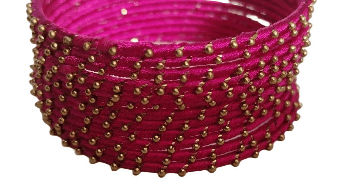 Set of 12 Traditional Indian Silk Thread Bangles with Golden Beads view 3