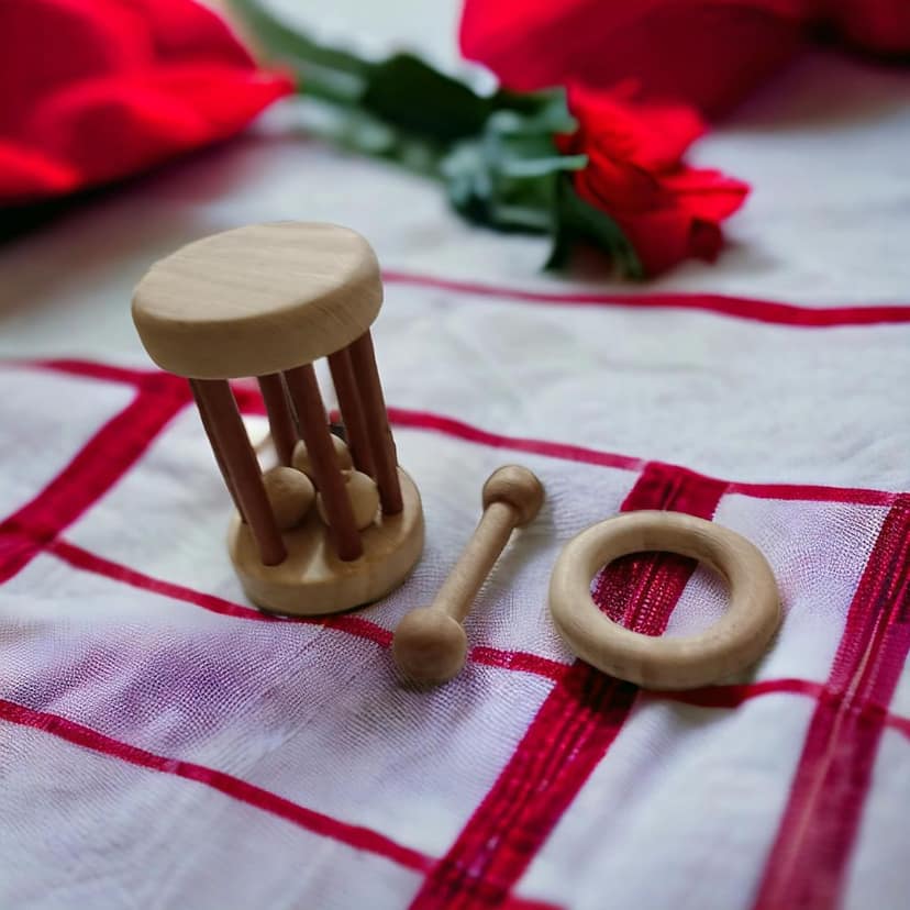 Gentle Sounds Making Neem Wooden Tumbler & Teethers of Shapes Ring & Dumb Bell view 2