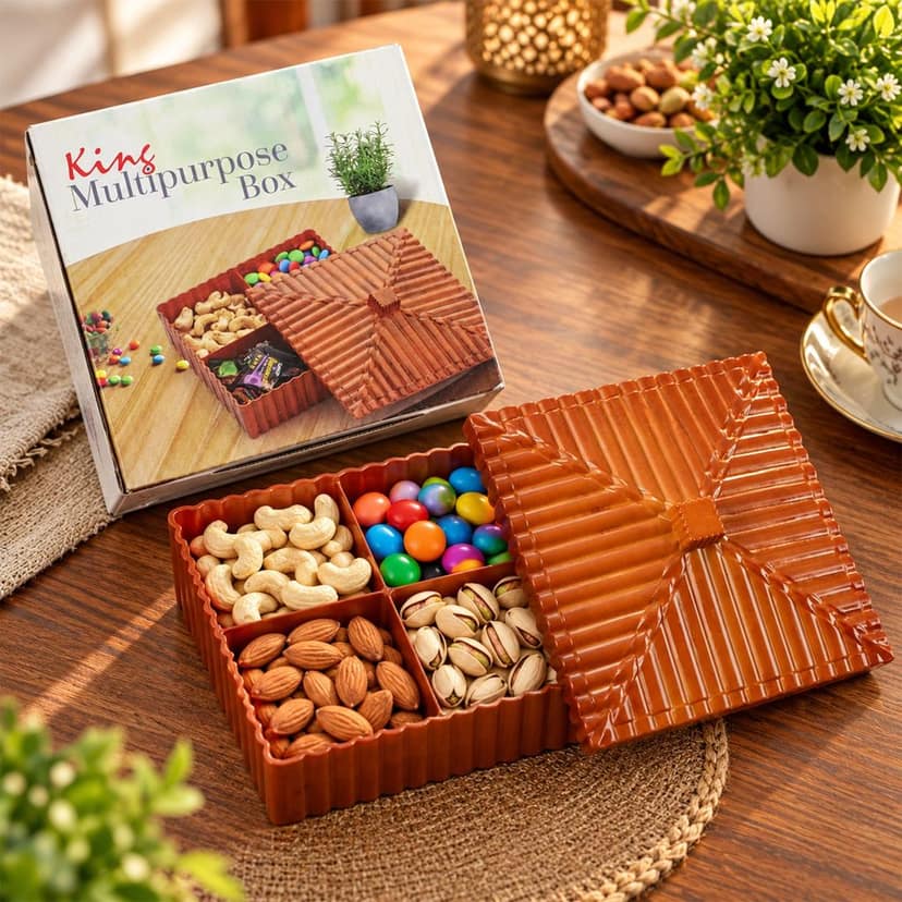 Multipurpose Dry Fruit & Snack Storage Box with Ribbed Lid (4 Compartment)