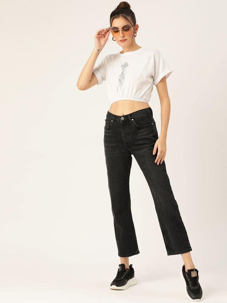 White Print Extended Sleeves Blouson Crop Top view 5