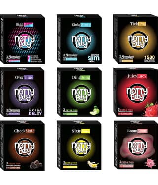 NottyBoy Banana, Chocolate, Strawberry, Bubblegum Flavour, 4IN1, 1500 Dots, Ribbed, Extra Time, Contoured & Ultra Thin Condoms- 27 Units