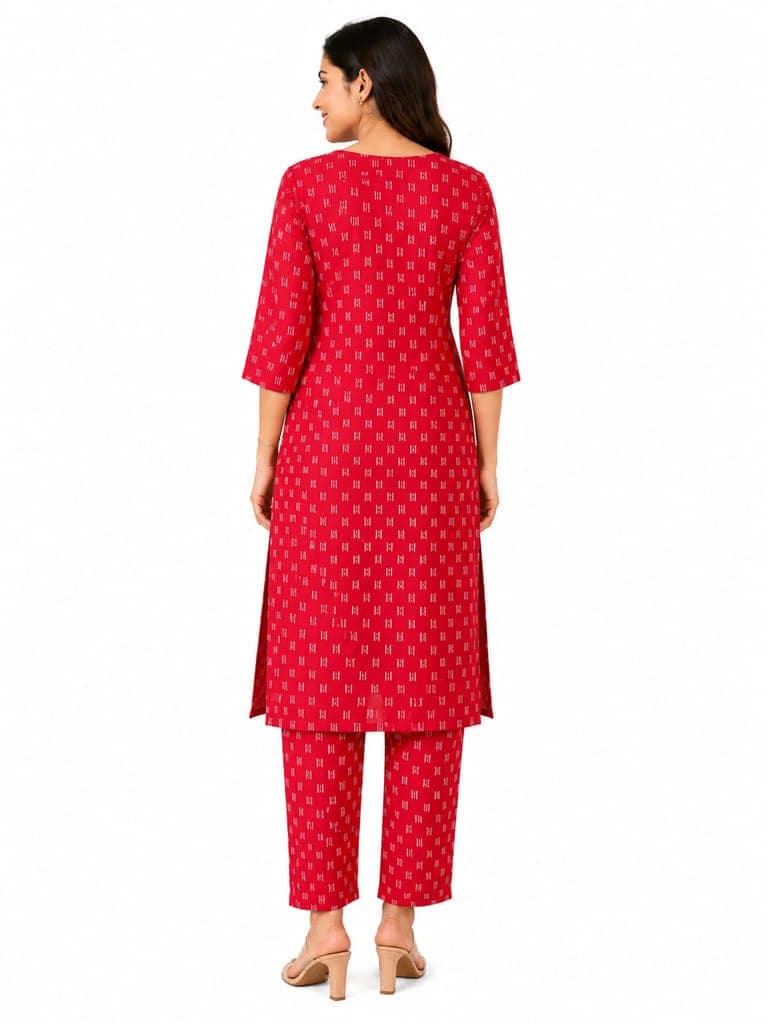 Rayon Ikat Model Printed Kurti Set – Red | Premium Rayon Fabric view 2