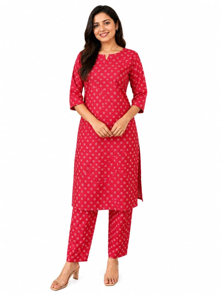 Rayon Ikat Model Printed Kurti Set – Red | Premium Rayon Fabric view 3