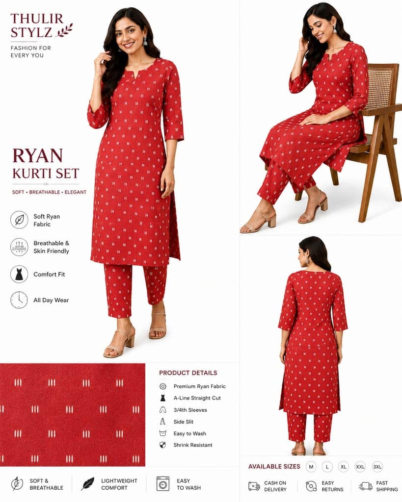 Rayon Ikat Model Printed Kurti Set – Red | Premium Rayon Fabric view 4