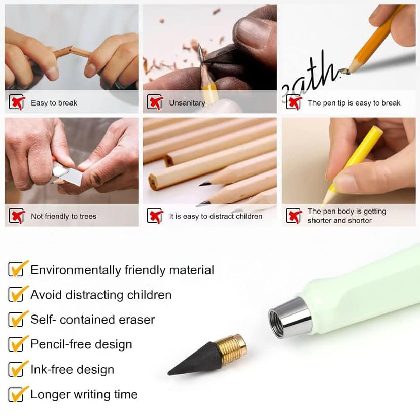 BREEPREE Inkless Infinity Pencil Set of 5 with Extra Erasers and Replaceable Nibs for Writing and Drawing Random Color view 2
