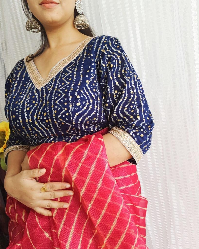 Crepe Silk Stitched Blouse Dark Blue Color Bandhej Design-7338 view 5