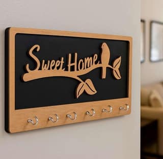 DHRUVINSRI 3D Wooden Key Holders for Home Wall Stylish | Wooden Wall Mounted Decorative Key Chain Hanger with 7 Hooks I Home & Office | Multipurpose Organiser -1Pc
