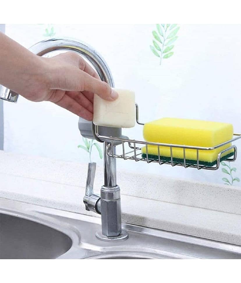 Stainless Steel Kitchen and Bathroom Faucet Scrubbers Sponge Holder Rack Hanging Sink Organizer Stand Caddy Rack Towel Holder Faucet Caddy for Bathroom Shelf