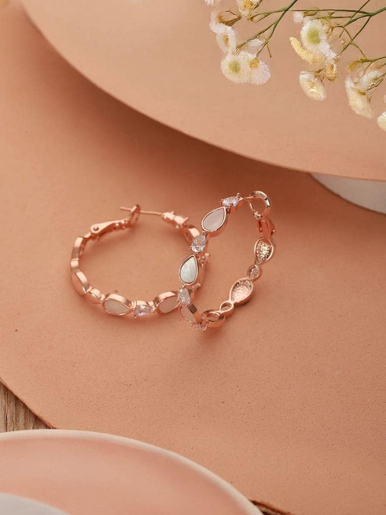 Anti-Tarnish Rose Gold Toned Faux Pearl AD Studded Hoop Minimal Bali Earrings view 3