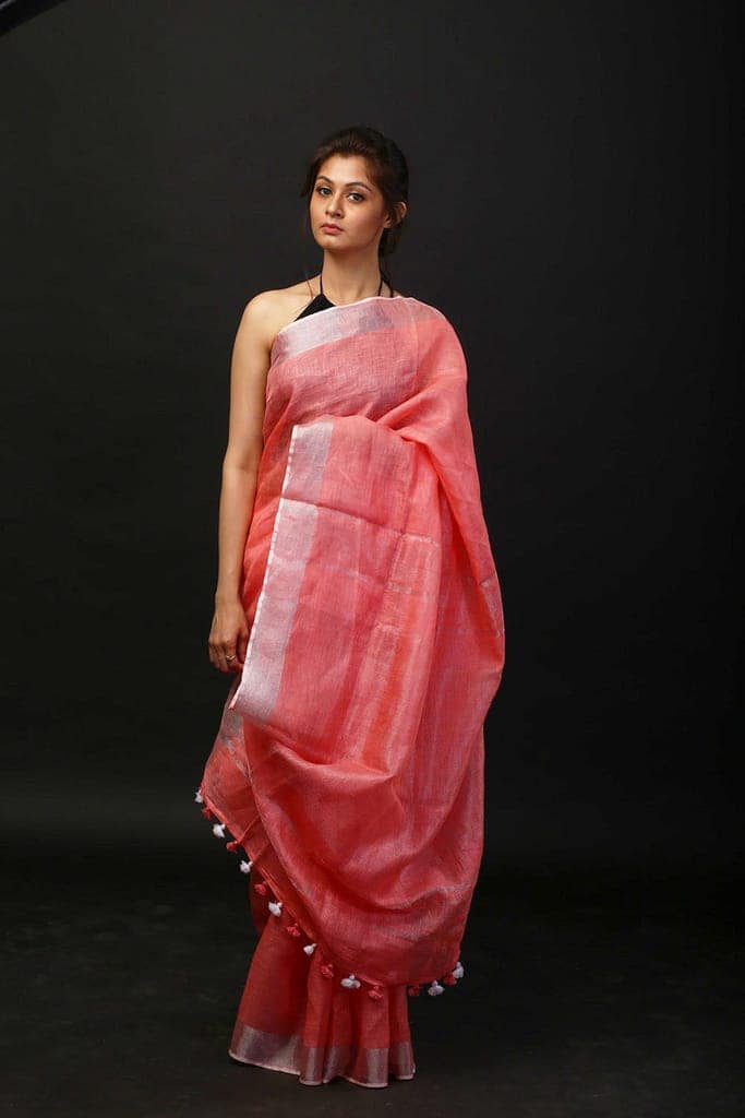 Pure Organic Linen Saree - Peach view 4