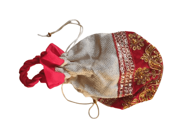Red and Gold Embroidered Drawstring Jute Bag view 2