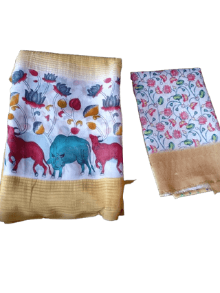 A beautiful and elegant cotton silk saree with a blouse piece, featuring intricate floral and animal prints in vibrant colors.