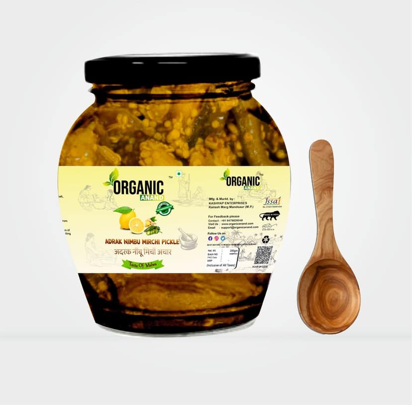 Organic Anand Homemade Ginger Lemon Green Chilli Mix Pickles 350gram Khatta Mix Ghar ka Achaar with Neemwood Spoon Flavourful, Delicious, Traditional Taste view 3
