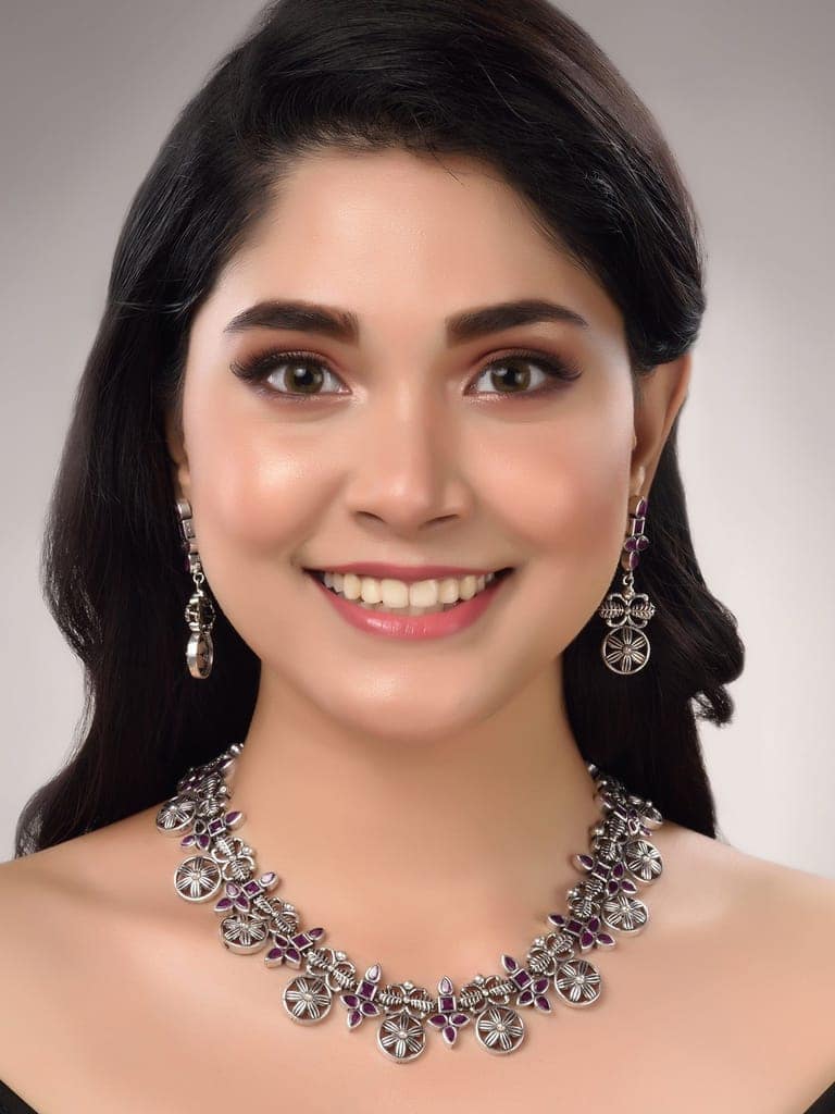 Silver Oxidised Maroon Stone Studded Tribal Necklace Jewellery Set