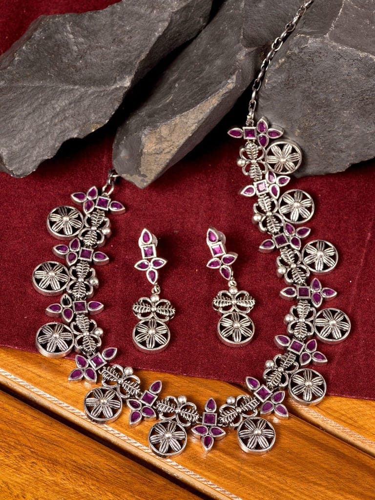 Silver Oxidised Maroon Stone Studded Tribal Necklace Jewellery Set view 2
