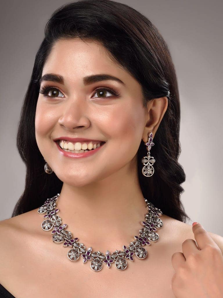 Silver Oxidised Maroon Stone Studded Tribal Necklace Jewellery Set view 3