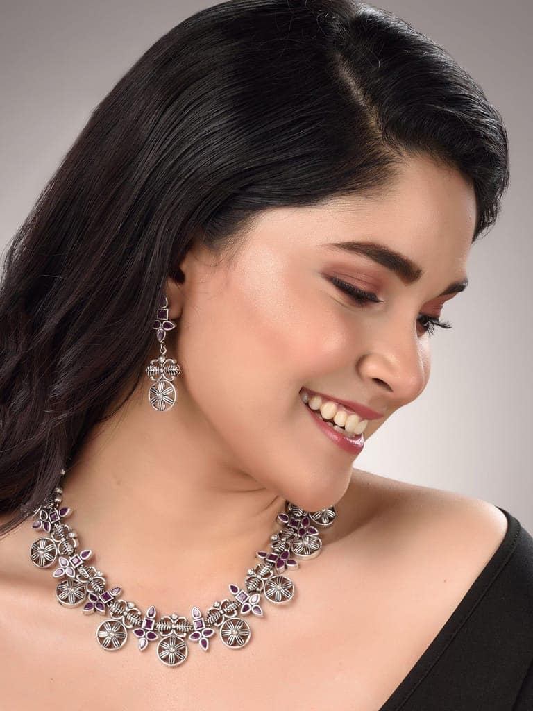 Silver Oxidised Maroon Stone Studded Tribal Necklace Jewellery Set view 4