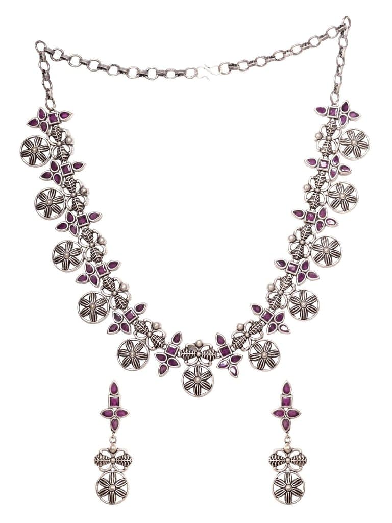 Silver Oxidised Maroon Stone Studded Tribal Necklace Jewellery Set view 5